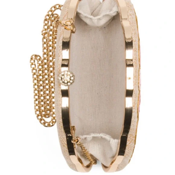 Viral Seashell Clutch Handbag Embroidered Raffia Shell Purse Gold Chain NWT - Picture 2 of 6